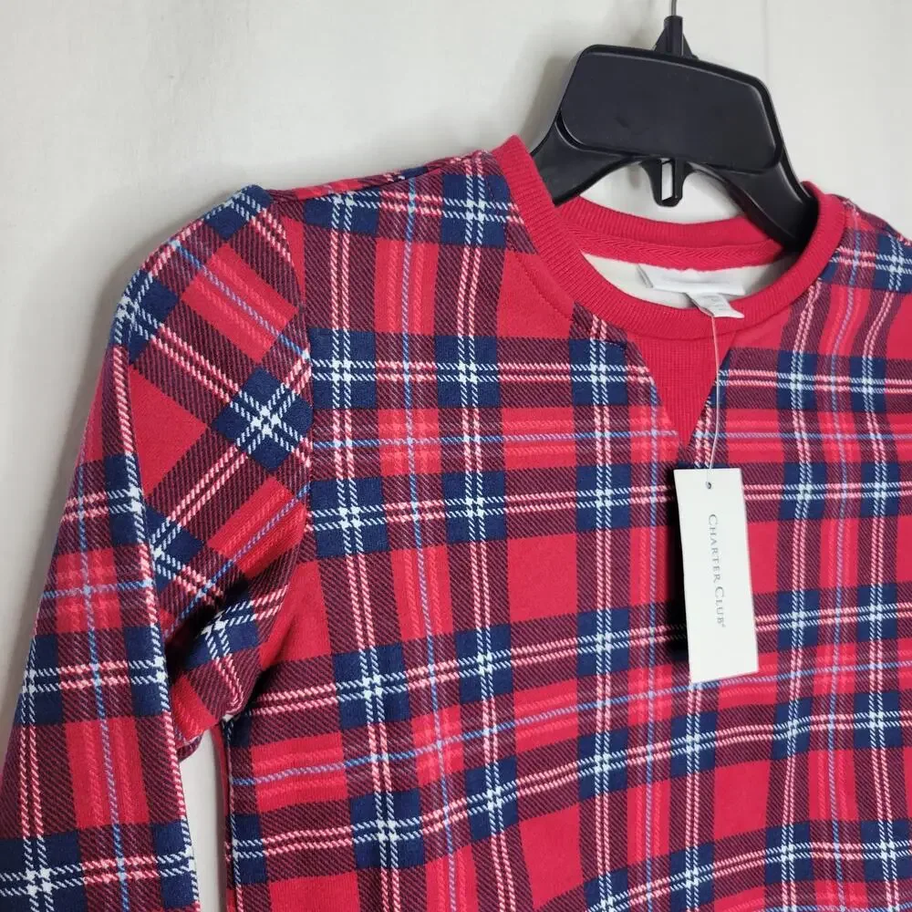 Charter Club Kids Crewneck Top Cardinal Holiday Plaid Xmas NWT Boy Girl Size 6-7